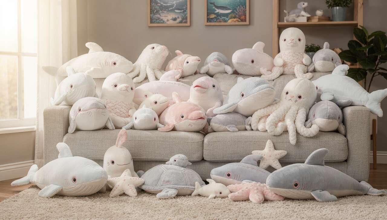 Grande collection de peluches albinos en forme d'animaux marins