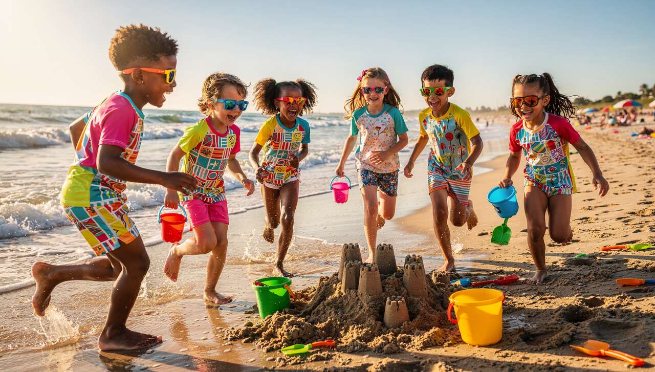 Accessoires d'été tendance pour enfants : t-shirts anti-UV, lunettes de soleil et maillots de bain