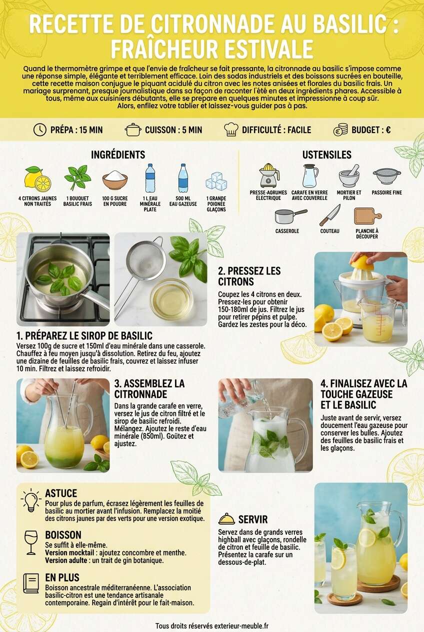 Fiche recette Recette de citronnade au basilic : fra&icirc;cheur estivale