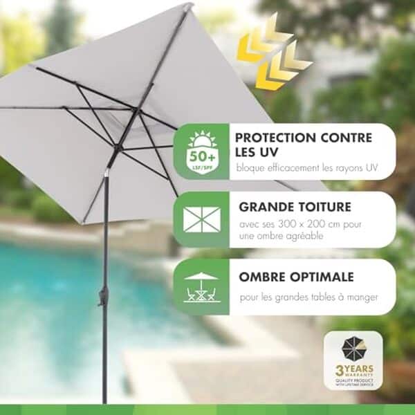 Découvrez notre test détaillé du parasol Doppler Jack 300x200 cm gris clair : qualité, durabilité et design pour votre terrasse ou jardin. 