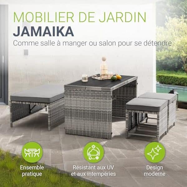 Découvrez notre avis détaillé sur l'ensemble mobilier Jamaika Juskys : confort optimal et design extérieur tendance pour votre terrasse et jardin.