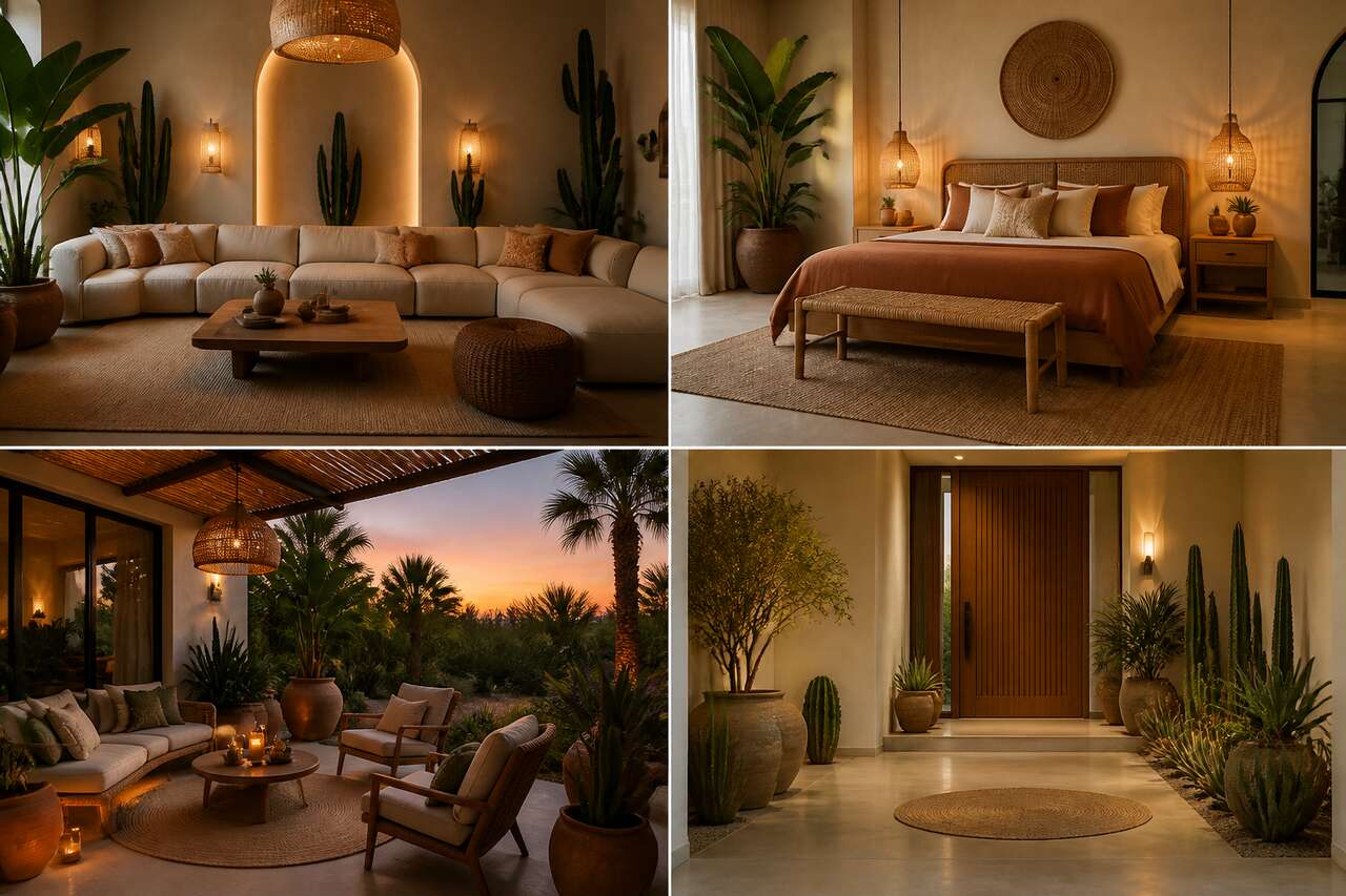 Mise en sc&egrave;ne par pi&egrave;ce : salon, chambre, terrasse, entr&eacute;e