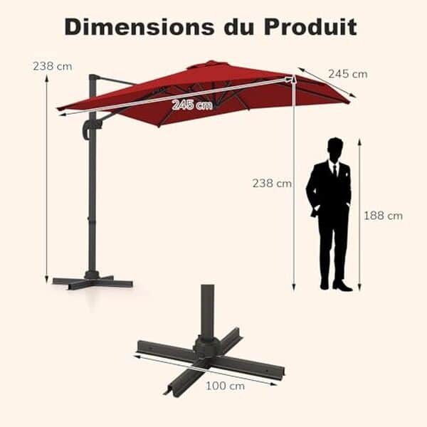 Découvrez notre test détaillé du parasol déporté 360° Goplus 2, 5 m : design rouge, protection solaire optimale et caractéristiques techniques complètes pour votre terrasse. 