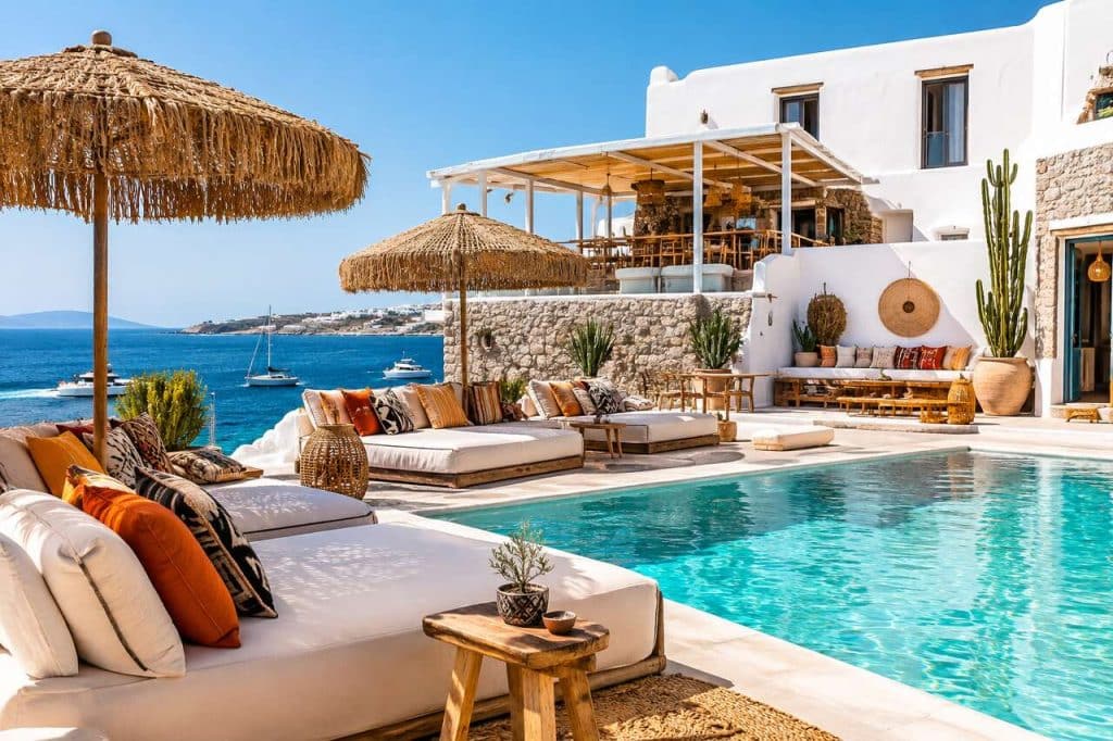 Décoration bohème et gypset à l'hôtel San Giorgio Mykonos