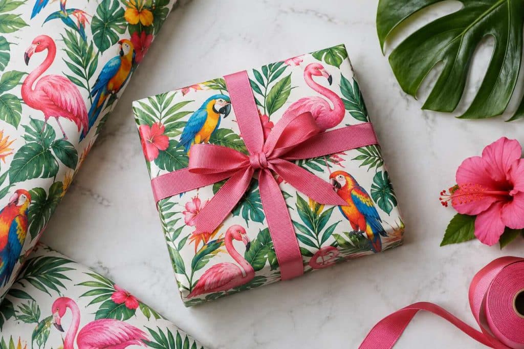 Téléchargement gratuit : papier cadeau flamants roses et perroquets